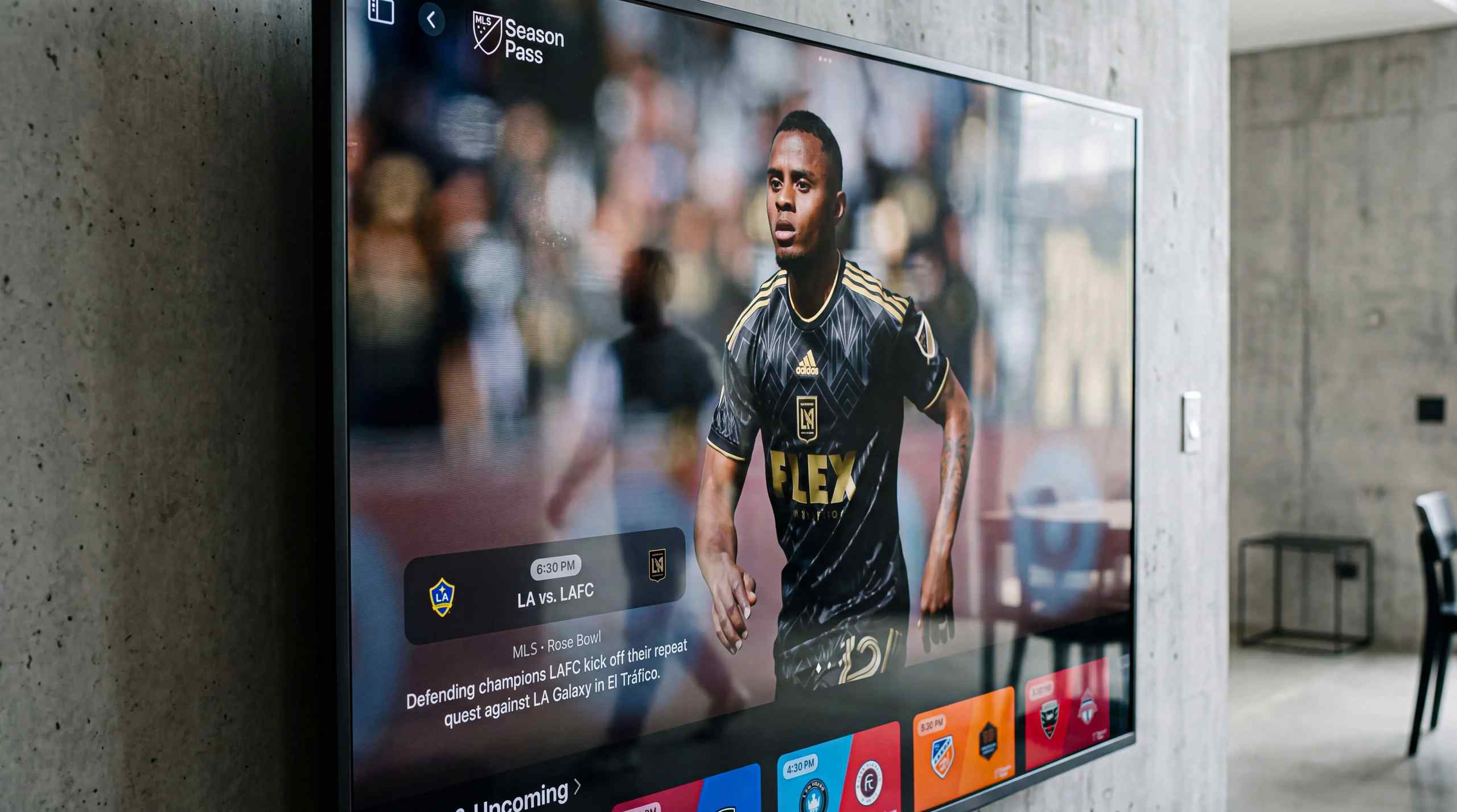 An MLS game featuring LAFC being displayed on a smart TV.